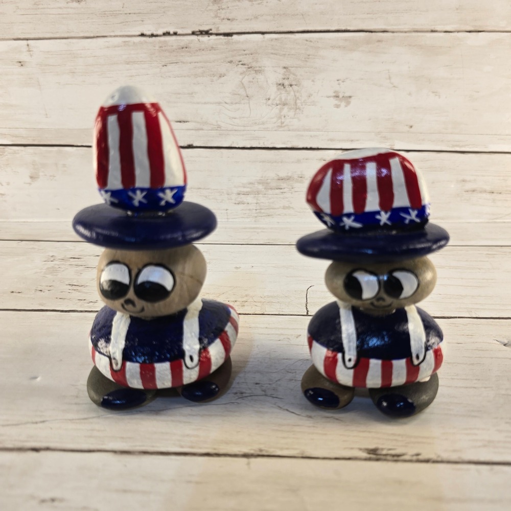 Hand Painted Patriotic Uncle Sam Stone Figurine Set Americana Rock Art Decor 2pc